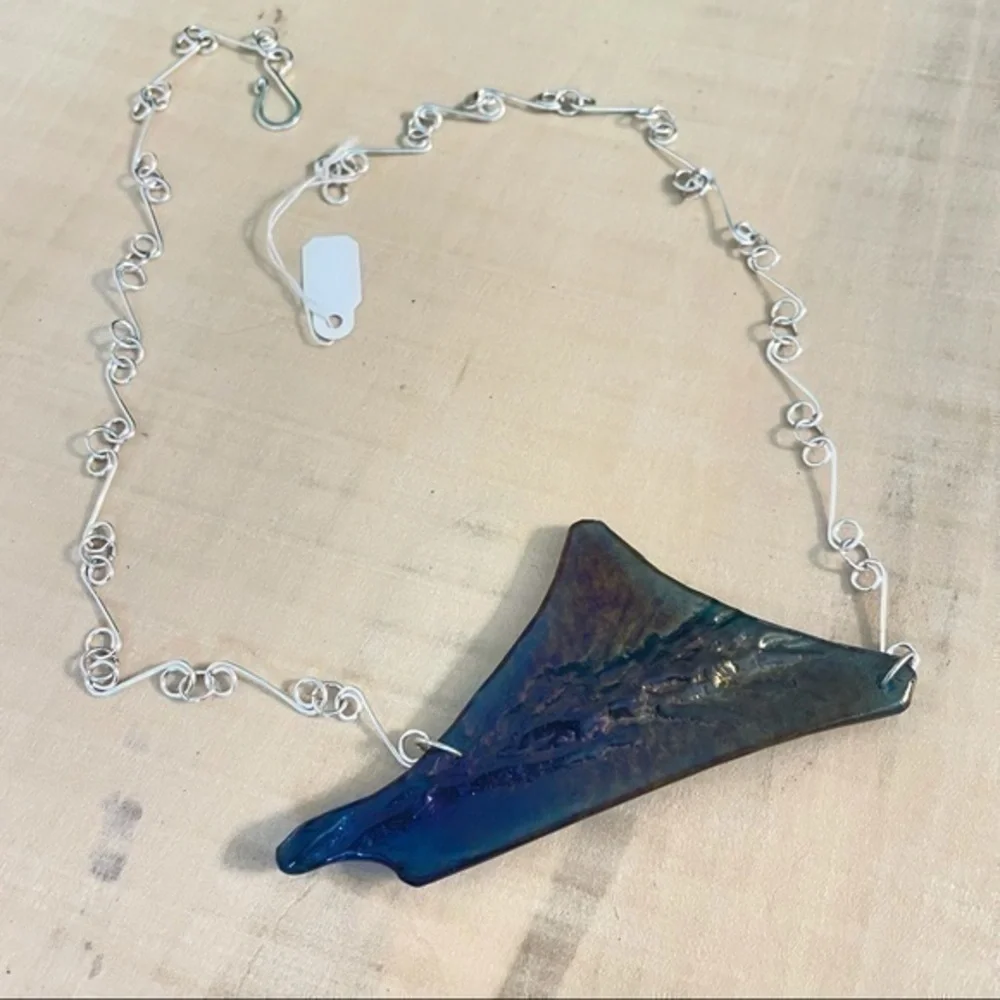Handmade Iridescent Textured Blue Glass Link Statement Necklace Luxe Unique Gift